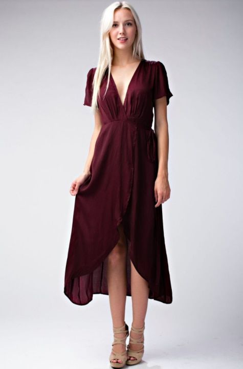 Burgundy Wrap Dress. This Burgundy Midi Wrap Dress will be your favorite for seasons to come. Short sleeves, plunging V-neckline and wrap dress bodice with side tie. Flowy V-neck Dress With Surplice Neckline For Date Night, Flirty Fitted Short Sleeve Maxi Dress, Flirty Fitted Maxi Dress With Short Sleeves, Short Sleeve Faux Wrap Party Dress, Flowy V-neck Dress With Short Sleeves For Party, Summer Wrap Dress With Surplice Neckline For Date Night, Party Dress With Faux Wrap And Short Sleeves, Fitted Short Sleeve Faux Wrap Dress, Fitted Faux Wrap Dress With Short Sleeves