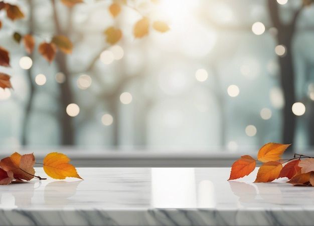 autumn leaves on marble table in front of trees