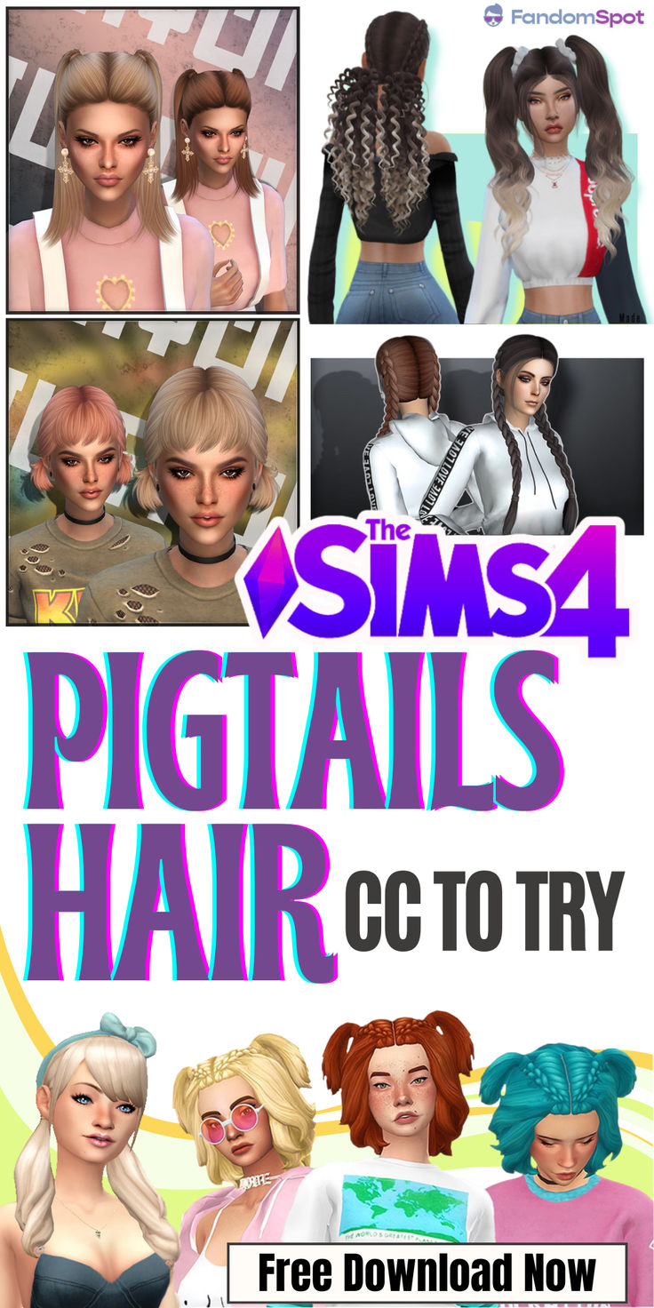 Sims 4 Cc Pigtails With Bangs, Sims 4 Cc Pigtails, Sims 4 Pigtails, Pigtails With Bangs, Some Hairstyles, Pigtails Hair, Half And Half Hair, Two French Braids, No Poo