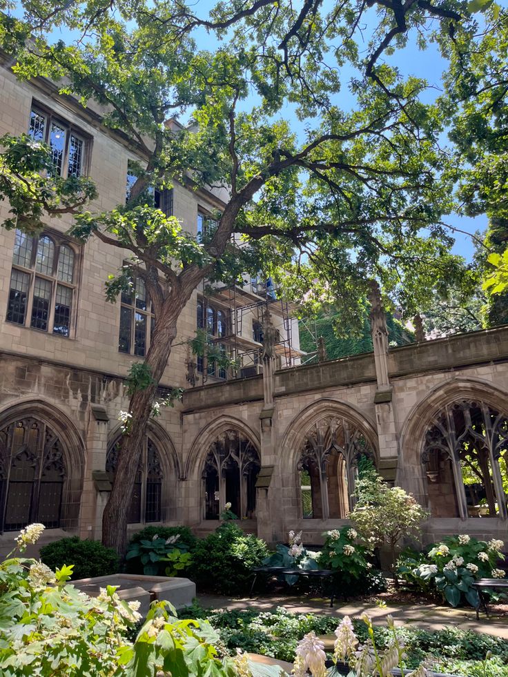 an old building with lots of windows and trees in the front yard, surrounded by greenery