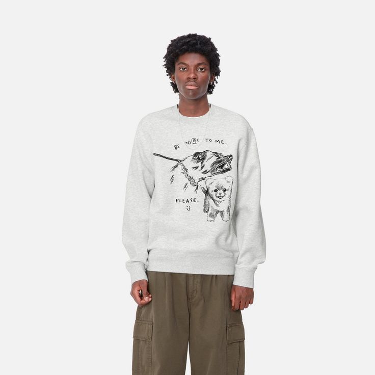 Color: Ash Heather / Black - The Pepe Be Nice Sweatshirt is made in a loose fit made from heavyweight polycotton jersey with a brushed, fleece-like backing. The item features graphic prints designed by the painter, tattoo artist, and Carhartt WIP skate team rider Pepe Tirelli. _* 74% Cotton, 26% polyester, Loose fit, Graphic prints by Pepe Tirelli Painter Tattoo, Wip Bag, Men's Beanies, Trouser Socks, Saltwater Sandals, Crocs Classic Clogs, Sweat Top, The Painter, Fun Sweatshirts