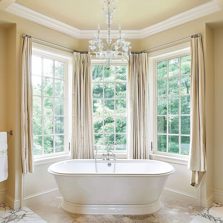 a large white bath tub sitting in front of two windows next to a chandelier