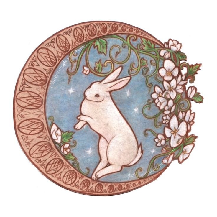 a drawing of a white rabbit sitting on top of a blue and brown plate with flowers