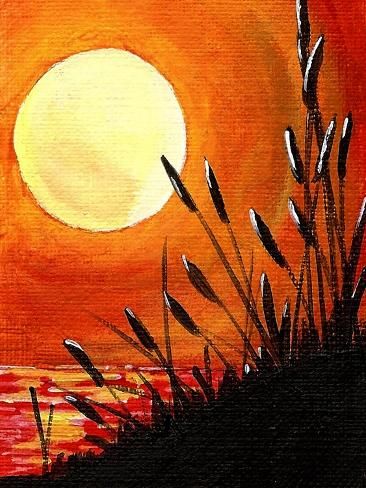 an acrylic painting of the sun setting over water with reeds in foreground