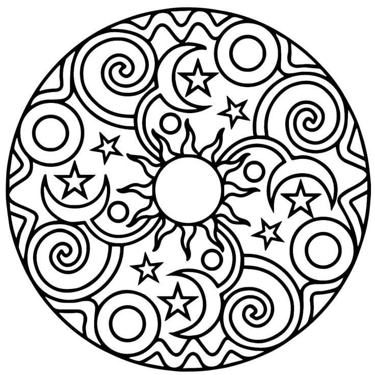 a black and white circular design with stars, circles and swirls in the center