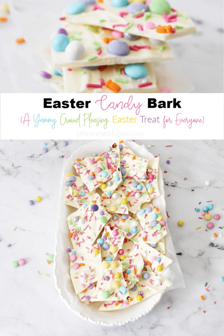 an easter candy bark recipe with sprinkles and eggs on the side, in a