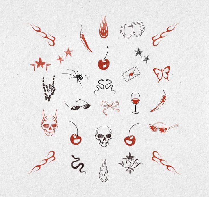 an image of various tattoo designs on white paper with red and black ink in the middle