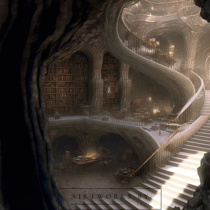 an artist's rendering of a spiral staircase in a cave with bookshelves