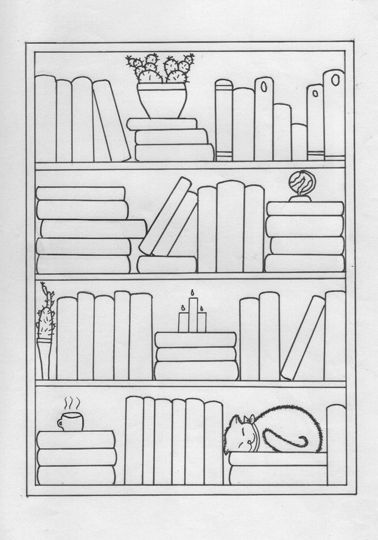 a black and white drawing of bookshelves filled with books