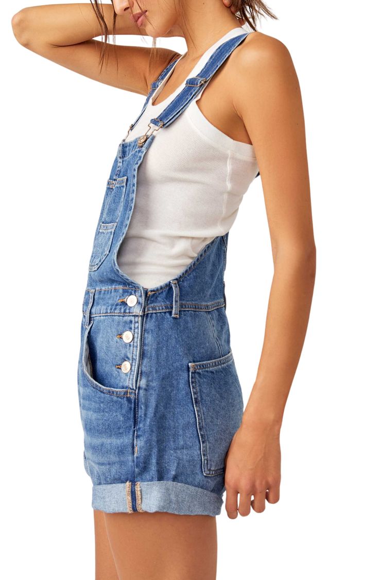 Make it a casual-cool day in these classic shortalls designed in nonstretch denim with easy cuffed hems. 25 1/2" center front length; 3" inseam; 27" leg opening (size Medium). 100% cotton Dry clean or machine wash, tumble dry Imported Spring Denim Shortalls With Bib Front, Spring Medium Wash Shortalls With Frayed Hem, Relaxed Fit Denim Shortalls In Medium Wash, Medium Wash Denim Shortalls In Relaxed Fit, Medium Wash Denim Shortalls With Relaxed Fit, Relaxed Fit Denim Shortalls, Spring Denim Blue Bib Front Shortalls, Spring Medium Wash Shortalls Overalls, Utility Denim Shortalls For Spring