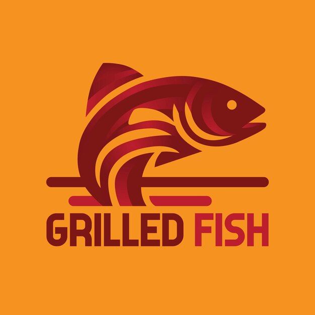 the logo for grilled fish is shown in red and orange colors on an orange background