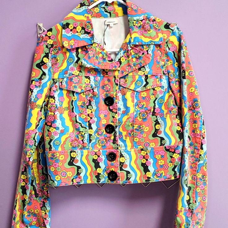 Manoush Jacket Size 40 ,Approximately Size Small Multicolor Denim Jacket With Pockets For Spring, Vintage Long Sleeve Cropped Jacket For Spring, Colorful Casual Outerwear For Spring, Trendy Multicolor Spring Outerwear, Trendy Colorful Outerwear For Spring, Trendy Multicolor Long Sleeve Denim Jacket, Retro Colorful Spring Outerwear, Colorful Retro Spring Outerwear, Retro Pink Outerwear For Spring