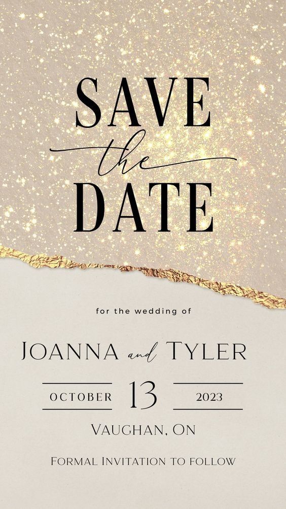 an elegant save the date card with gold glitter