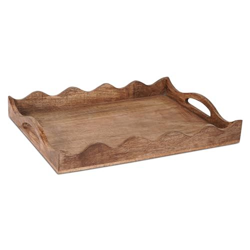 a wooden tray with wavy designs on the bottom and handles, sitting on a white background