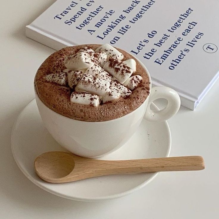 a cup of hot chocolate with marshmallows in it on a saucer