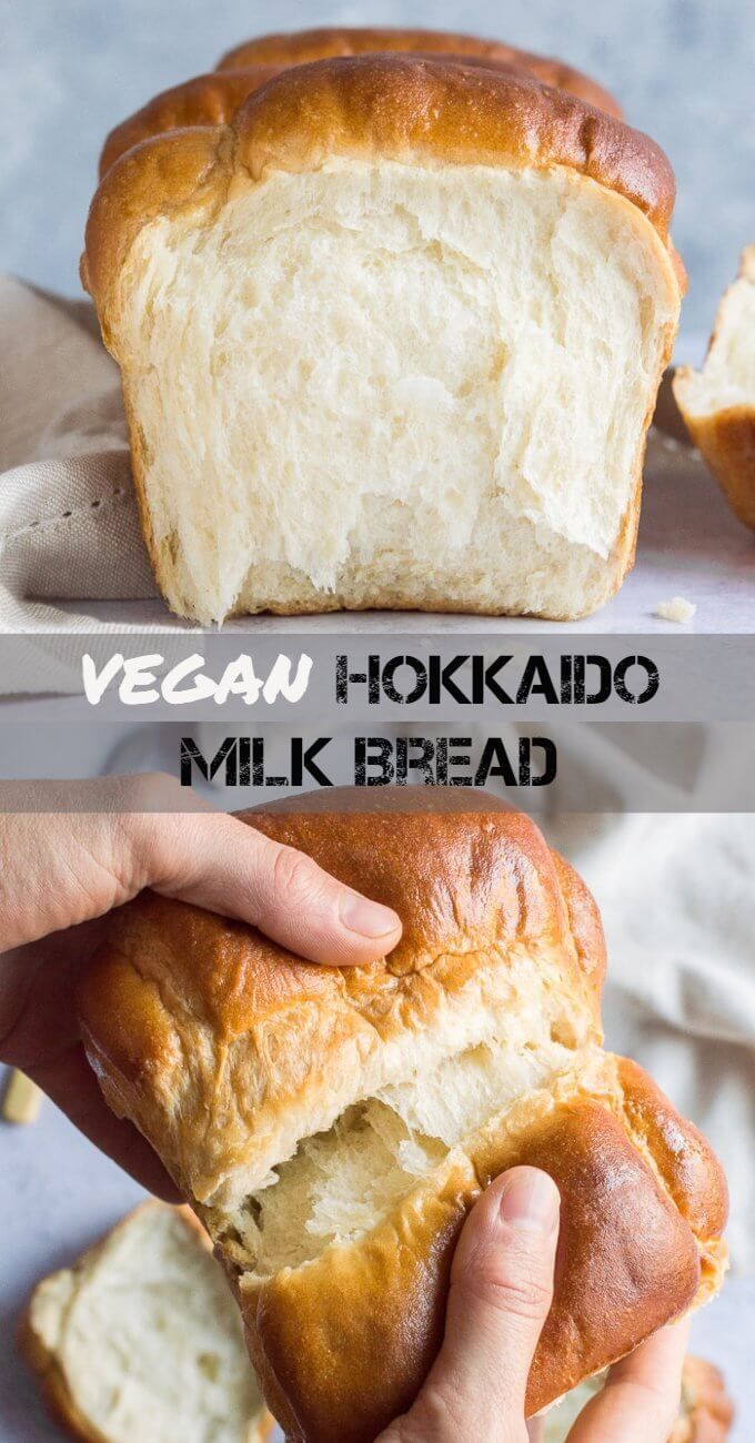 a loaf of vegan - kokado milk bread is cut in half