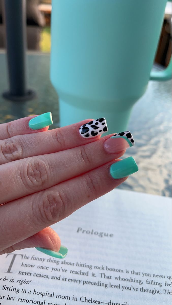 Cute Nails Acrylic Country, Nail Ideas Cowgirl, Western Nail Ideas Cow Print, Nails That Will Match Everything, Cow Print Teal Nails, Cowprint Nails Square, Cute Acrylic Nails Western, Nails Acrylic Country, Cute Nail Ideas Cow Print