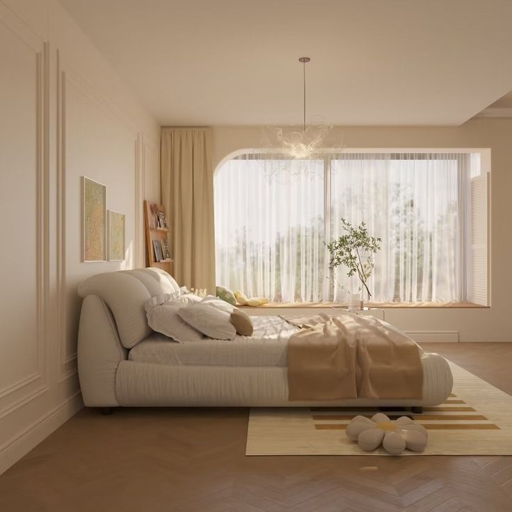 a large white bed sitting in a bedroom next to a tall window with sheer curtains