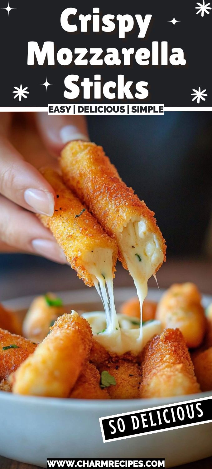 crispy mozzarella sticks being dipped with cheese