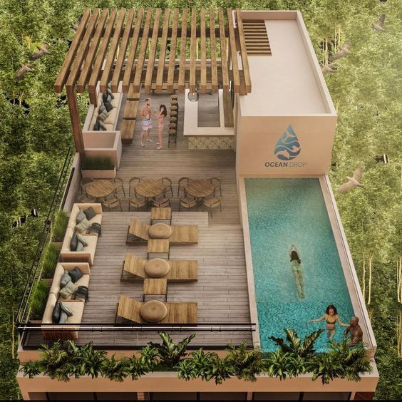 an artist's rendering of a swimming pool and patio