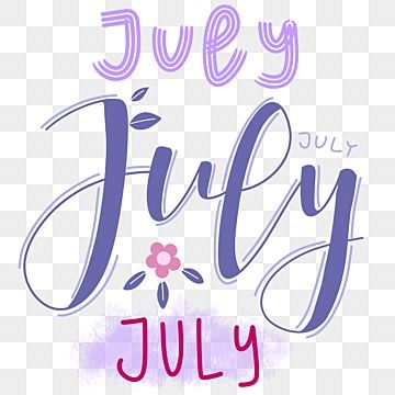 the text july is written in purple and pink colors