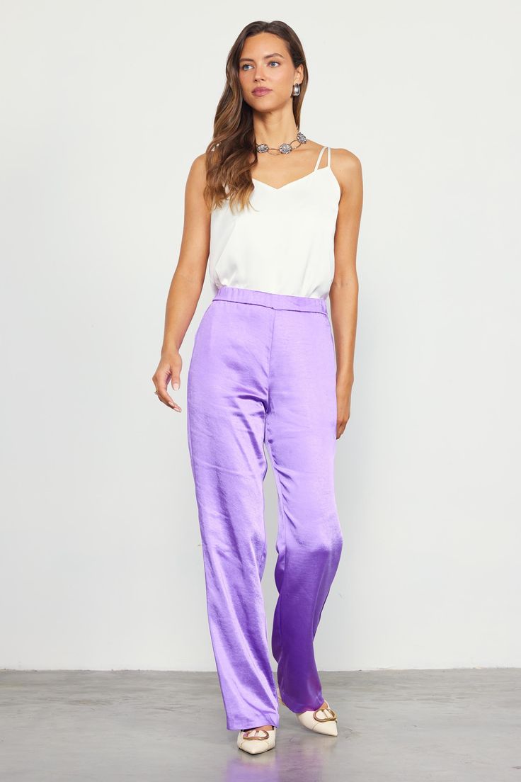 Simple yet sophisticated, these satin pants have a high waist and an easy straight-leg silhouette. The elasticized back waistband makes for an extra-comfortable fit. •Pull-on style •Clean front •Elasticized back waistband •Straight-leg silhouette Item number 73927 100% Polyester Chic Silk Bottoms For Spring, Casual Satin Pants For Spring, Stretch Satin Casual Bottoms, Casual Satin Stretch Bottoms, Solid Silk Pants For Workwear, Casual Stretch Satin Bottoms, Elegant Rayon Pants For Spring, Spring Satin Bottoms With Elastic Waistband, Chic Silk Pants For Spring