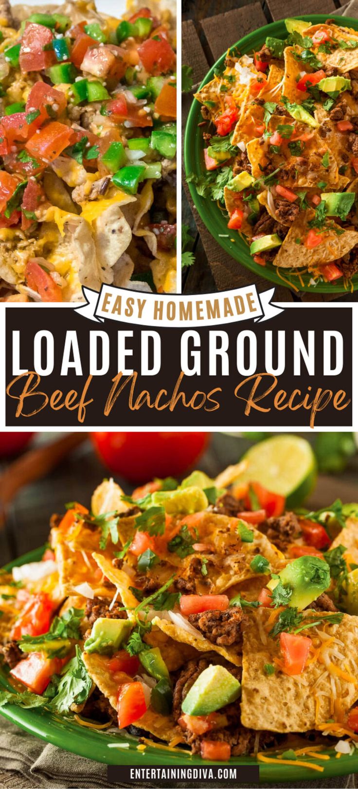 easy homemade loaded ground beef nachos recipe on a plate with tortilla chips