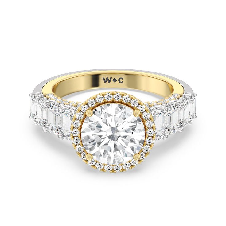 a yellow and white gold engagement ring with diamonds