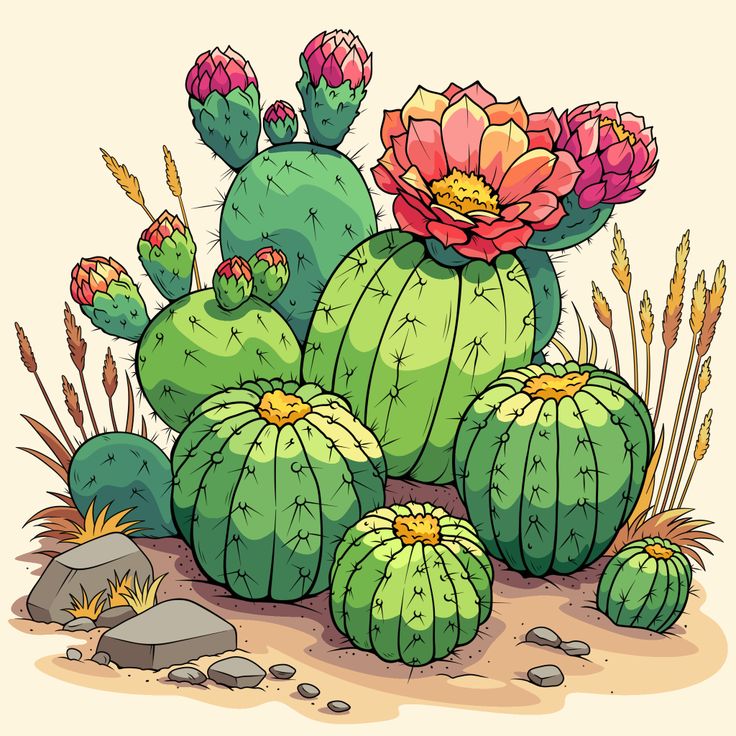 a bunch of cactus plants with flowers on the ground in front of rocks and grass