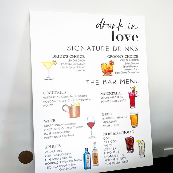 a white sign with drinks on it that says drink me, love signature drinks and the bar menu