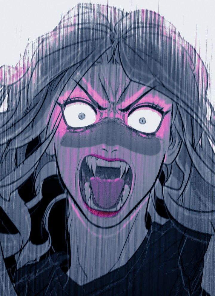 an animated image of a woman with her mouth open and eyes wide open in the rain