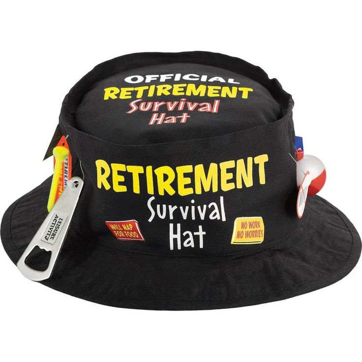 a black hat with the words retirement on it and a pair of wrenches hanging from the brim