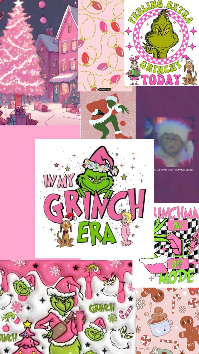 the grinch era collage is shown in pink and green, with images of christmas trees