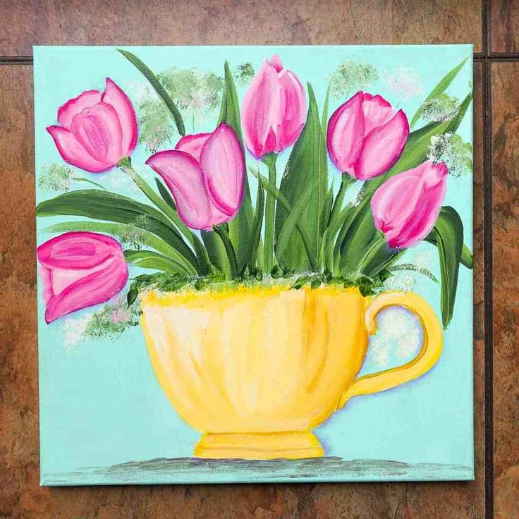 a painting of pink tulips in a yellow cup