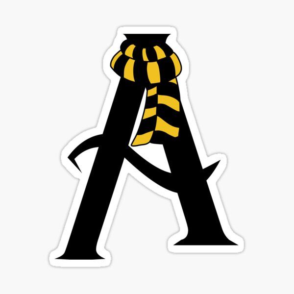 the letter a with a tie on it sticker is shown in black and yellow