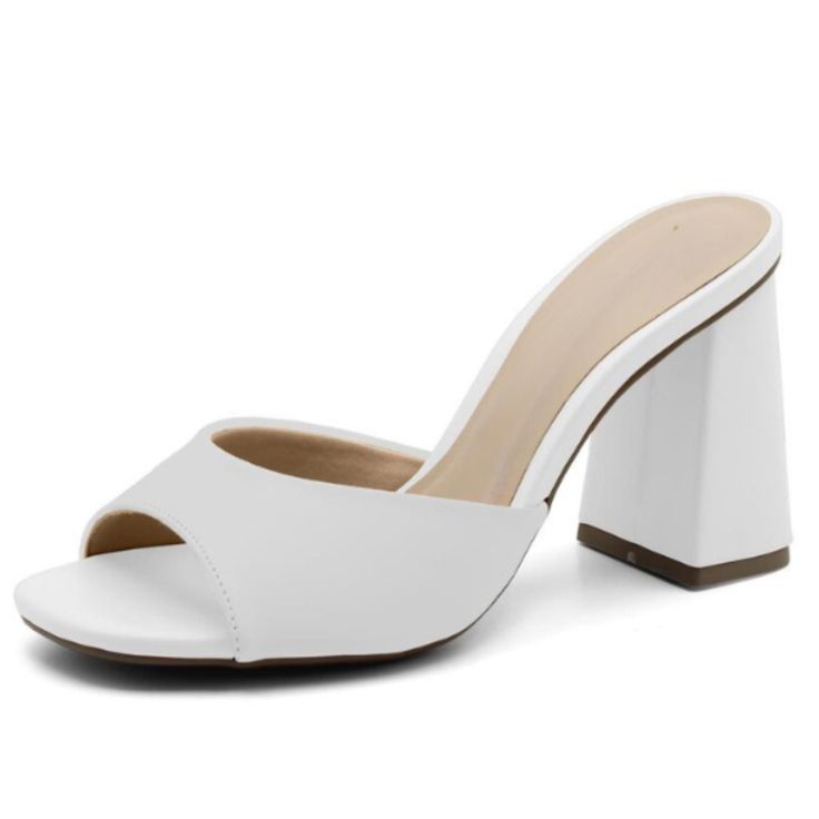 * White * Synthetic Upper * Synthetic Sole * Round Toe * Block Heel * Approx. 3.5-Inch Heel * Runs Half A Size Small * Made In Brazil White Closed Toe Mules With 4-inch Heel, Elegant White Mules With 4-inch Heel, White Synthetic Closed Toe Heels, White Synthetic Closed-toe Heels, Formal White Almond Toe Sandals, White Block Heels With Round Toe, White Almond Toe Party Sandals, White High Heel Block Heels In Synthetic, White Block Heels With Stacked Heel And Round Toe