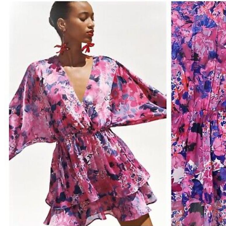 Brand New With Tags Mauve Floral Print Summer Dress, Chic Flowy Mauve Dress, Purple Mini Dress For Spring, Summer Party Mini Dress In Mauve, Summer Fitted Purple Floral Dress, Chic Purple Mini Dresses, Chic Purple Mini Length Dresses, Pink Bohemian Floral Dress For Party, Casual Purple Floral Dress For Summer