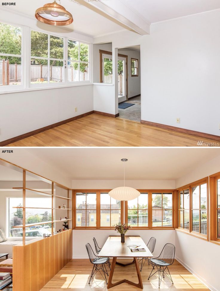 two pictures of a dining room and living room with wood flooring, windows, and white walls