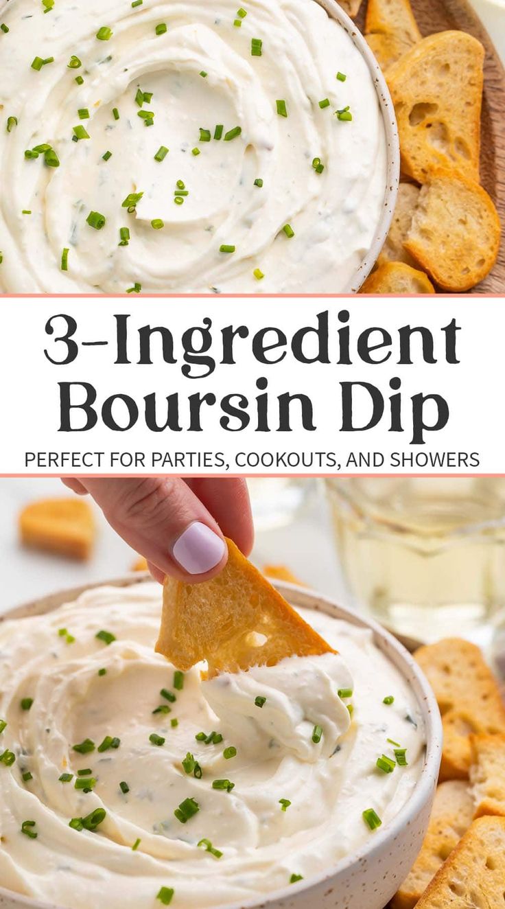 three ingredient boursin dip in a bowl with crackers