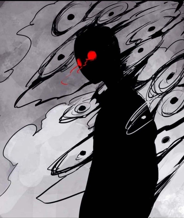 a person with red eyes standing in front of some clouds