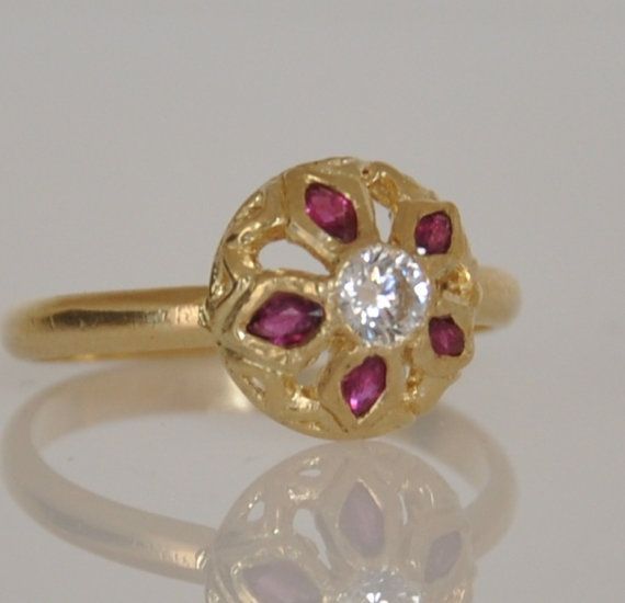 Ruby Ring Gold Engagement Ring Unique Engagement Ring Marquise Ruby Ring In Yellow Gold For Wedding, Marquise Ruby Ring With Rose Cut Diamonds For Wedding, Marquise Ruby Wedding Ring With Center Stone, Marquise Cluster Ring Stamped 14k For Wedding, Gold Flower Engagement Ring, Unique Ruby Rings, Ruby Gold Ring, Ruby Birthstone Ring, Ruby Ring Set