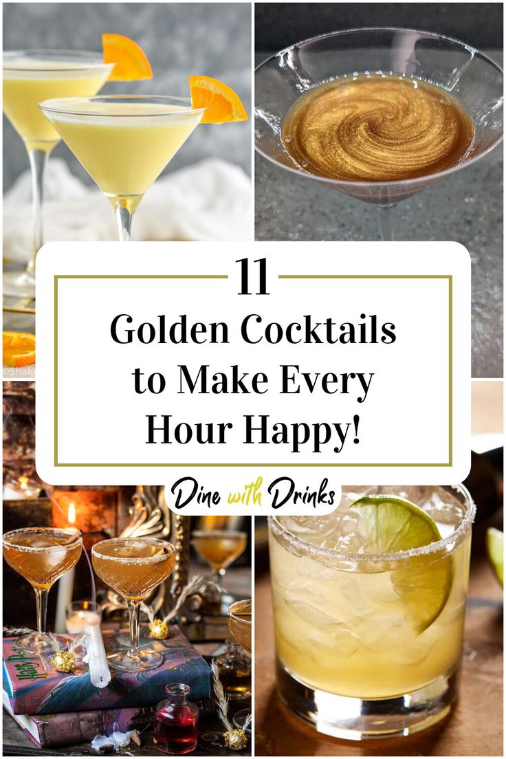 Collage of 4 golden cocktails. Gold Party Food Ideas, Anniversary Drinks Cocktails, Gold Party Drinks, Golden Food Party, Gold Alcoholic Drinks For A Party, Signature Drinks For 50th Birthday Party, Black And Gold Cocktail, 50th Birthday Drink Ideas, Gold Mocktails Non Alcoholic