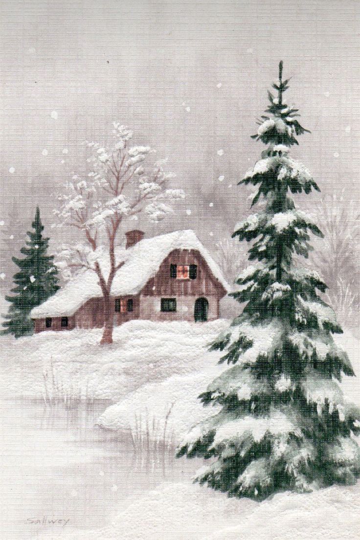 a painting of a snowy scene with a house and fir trees in the foreground