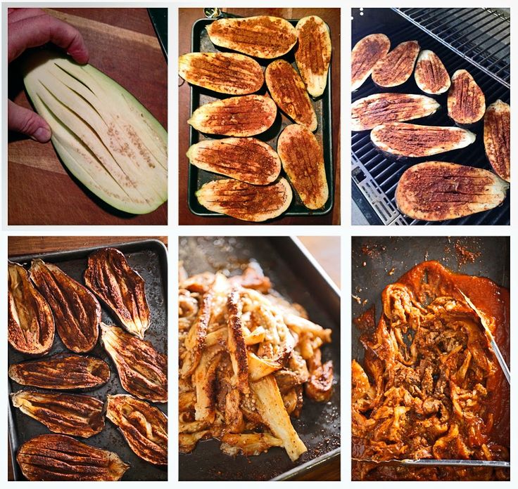 four pictures showing different types of food being cooked on grills and in pans