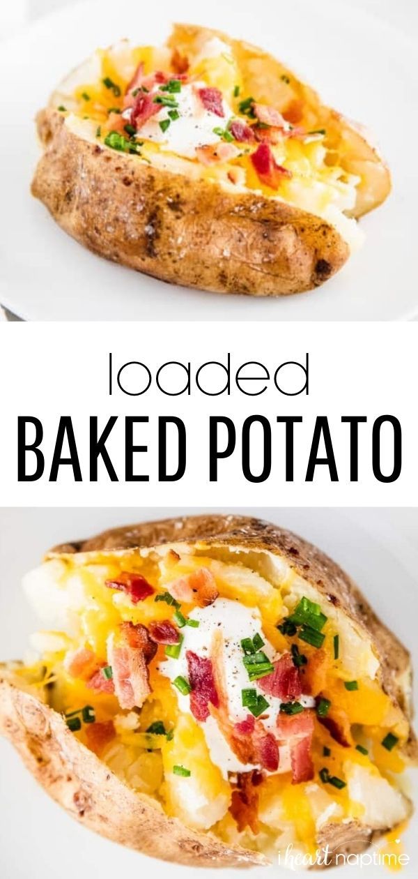 loaded baked potato on a white plate with text overlay