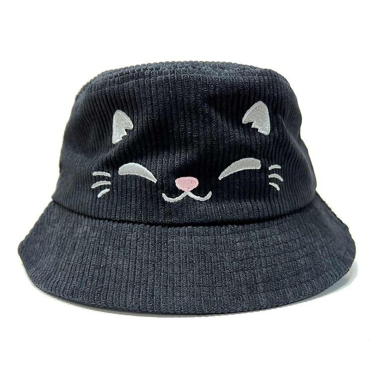 Black Cat (Eyes Closed) Bucket Hat Bucket Hats Flair Fighter Trendy Adjustable Cat Design Hat, Trendy Adjustable Hat With Cat Design, Corduroy Bucket Hat, The Black Cat, Black Cat Eyes, Eyes Closed, Cat Eyes, Intricate Embroidery, Happy Cat