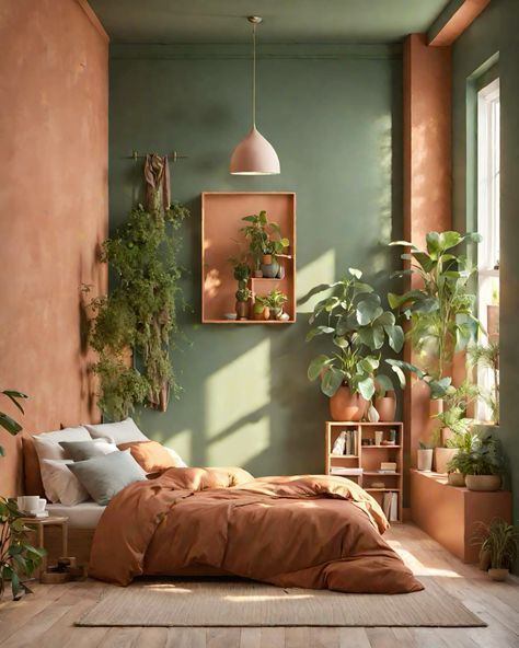 a bedroom with green walls and wooden flooring, plants on the wall above the bed