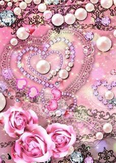 pink roses and pearls are arranged in the shape of a heart on a pink background