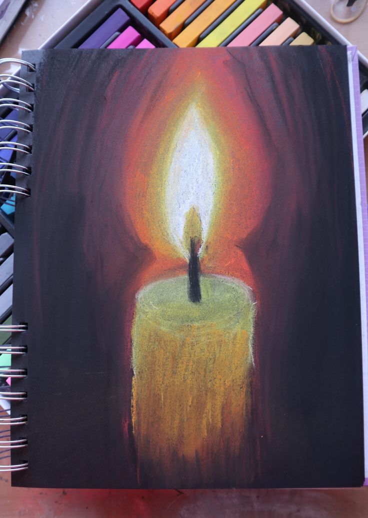 a drawing of a person standing in front of a lit candle with colored crayons