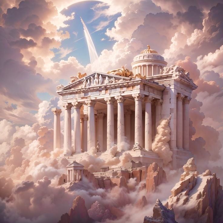 an artistic painting of the partheny temple on top of a mountain surrounded by clouds